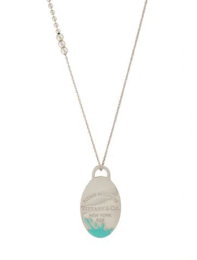 Pre-owned Tiffany & Co Enamel Color Splash Oval Tag Pendant W/ Mixed Bead Chain Necklace, 30" In Blue