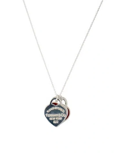Pre-owned Tiffany & Co Enamel Double Heart Tag Pendant Necklace, 17.5" In Red