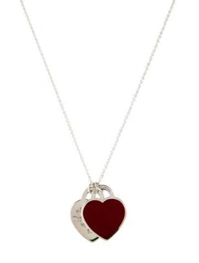 Pre-owned Tiffany & Co Enamel Double Heart Tag Pendant Necklace, 18" In Red