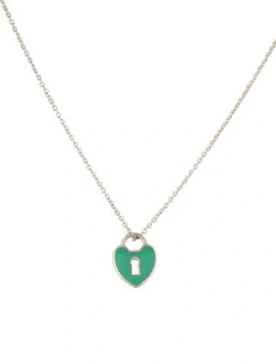 Pre-owned Tiffany & Co Enamel Heart Lock Pendant Necklace, 16" In Blue
