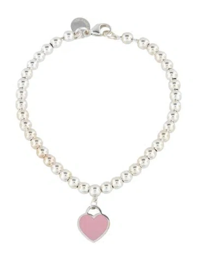 Pre-owned Tiffany & Co Enamel Heart Tag Bead Bracelet, 5.75" In Pink