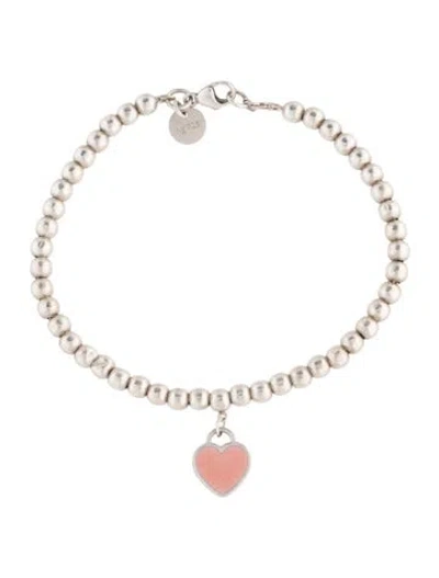Pre-owned Tiffany & Co Enamel Heart Tag Bead Bracelet, 6.75" In Pink