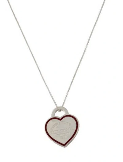 Pre-owned Tiffany & Co Enamel Heart Tag Pendant Necklace, 18" In Burgundy