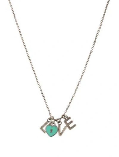 Pre-owned Tiffany & Co Enamel 'love' Heart Charm Necklace, 19.75" In Blue