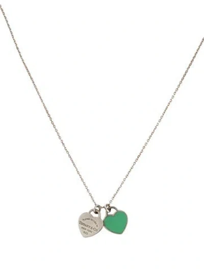 Pre-owned Tiffany & Co Enamel Mini Double Heart Tag Pendant Necklace, 16" In Blue