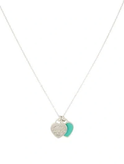 Pre-owned Tiffany & Co Enamel Mini Double Heart Tag Pendant Necklace, 16" In Blue