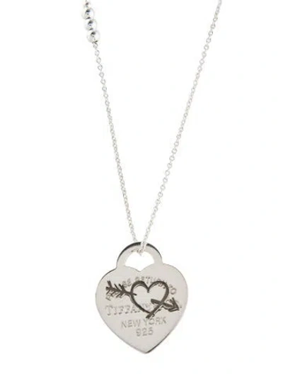 Pre-owned Tiffany & Co Etched Heart & Arrow Tag Pendant W/ Mixed Bead Chain Necklace, 32" In Multi