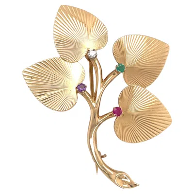 Pre-owned Tiffany & Co . Floral Gemstone Large Pin Brooch 14 Karat Yellow Gold 10.6 Grams