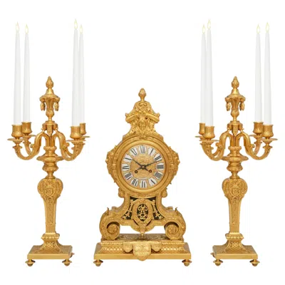 Pre-owned Tiffany & Co French 19th Century Ormolu Garniture Clock Set, Signed & Retailed By Tiffany In Brown