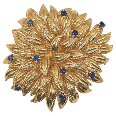 Pre-owned Tiffany & Co . K18 Gold Sapphire Textured Floral Burst Brooch In Blue