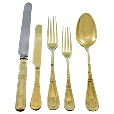 Pre-owned Tiffany & Co King William Engraved Vermeil By Tiffany Sterling Silver Flatware Set 8 Dinner In Sand