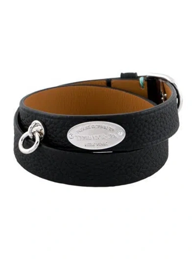 Pre-owned Tiffany & Co Leather Narrow Double Wrap Bracelet In Black
