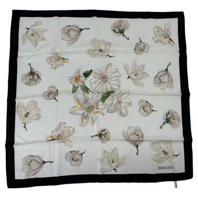 Pre-owned Tiffany & Co . Magnolia Silk Scarf White With A Black Border 35" X 35"