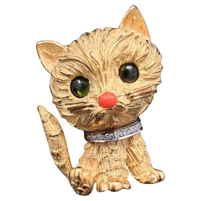 Pre-owned Tiffany & Co . Mid-century Tourmaline Coral Diamond Kitty Cat Brooch Yellow Gold