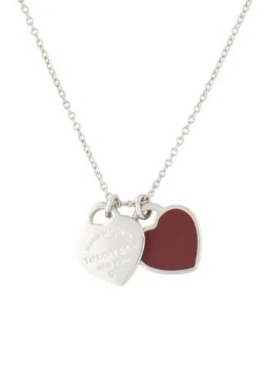 Pre-owned Tiffany & Co Mini Double Heart Tag Pendant Necklace, 18" In Red