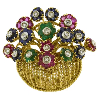 Pre-owned Tiffany & Co . Multi Gemstone Flower Basket Brooch 18kt In Multiple