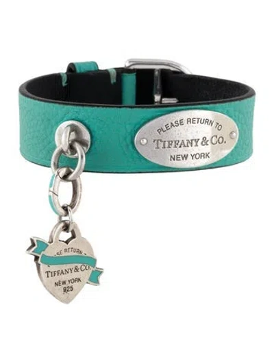 Pre-owned Tiffany & Co Narrow Leather Wrap Ribbon Heart Tag Charm Bracelet, 6.5" In Blue