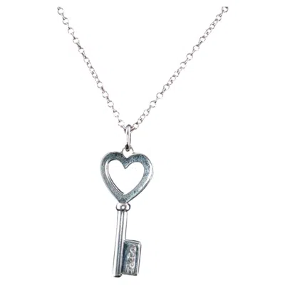 Pre-owned Tiffany & Co Open Heart Key Pendant Necklace Sterling Silver 16" + Pouch Estate In Multi