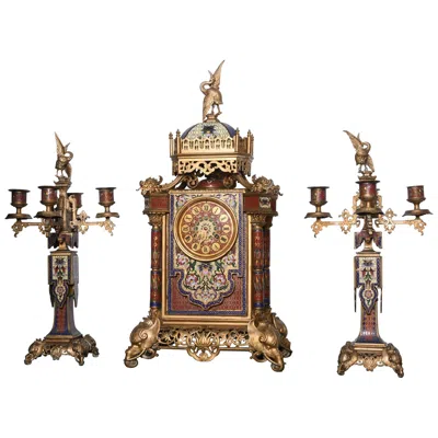Pre-owned Tiffany & Co . Ormulu Bronze Champlevé Enamel Mantel Clock Garniture In Gold