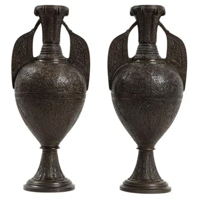 Pre-owned Tiffany & Co Pair 19th Century French Patinated Bronze Alhambra Vases, Stamped Tiffany & Co. In Gold