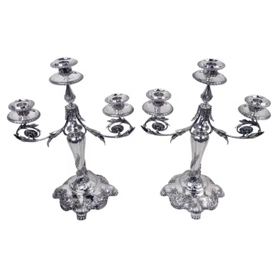 Pre-owned Tiffany & Co Pair Of Antique Tiffany Victorian Rococo 3-light Candelabra In Silver