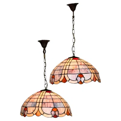 Pre-owned Tiffany & Co Pair Of Tiffany Style Stained Glass Pendant Lights With Opalescent Glass Shades In Sand