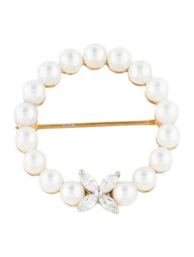 Pre-owned Tiffany & Co Pearl & Diamond Brooch Pin In Multi