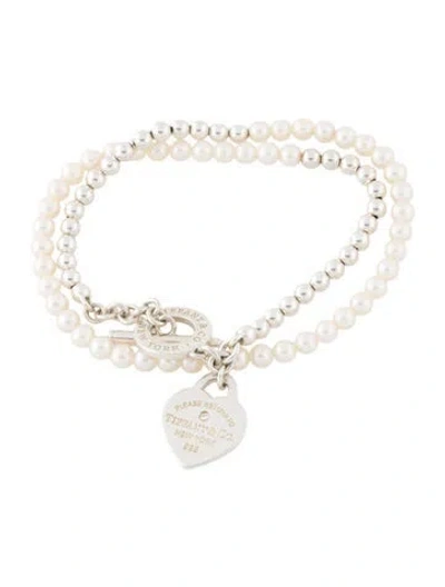 Pre-owned Tiffany & Co Pearl & Diamond Heart Tag Wrap Bracelet, 14.25" In Multi