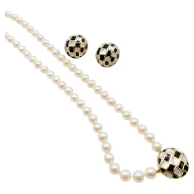 Pre-owned Tiffany & Co Pearl Onyx 18k Gold Bracelet And Earrings Matching Set Estate In Black