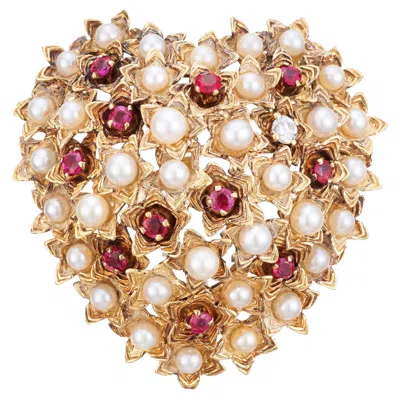 Pre-owned Tiffany & Co . Pearl Ruby Diamond Gold Domed Heart Brooch In Multi