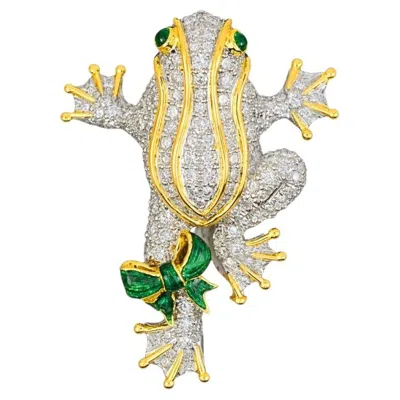 Pre-owned Tiffany & Co . Platinum & 18k Yellow Gold Diamond Emerald Enamel Frog Pin Brooch