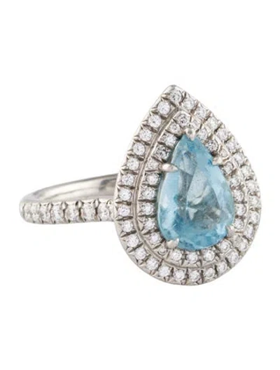 Pre-owned Tiffany & Co Platinum Aquamarine & Diamond Soleste Cocktail Ring In Multi