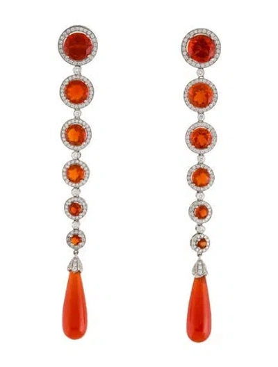 Pre-owned Tiffany & Co Platinum Diamond & Fire Opal Drop Earrings In Multi
