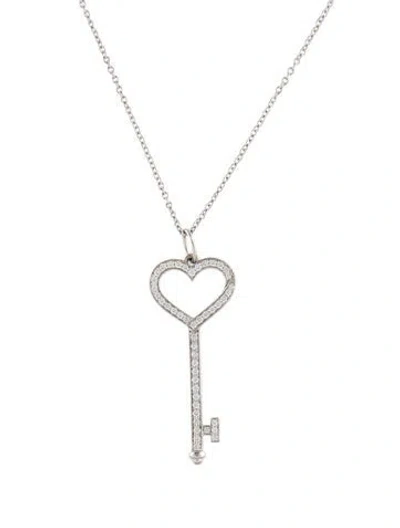 Pre-owned Tiffany & Co Platinum Diamond Small Heart Key Pendant Necklace, 16" In Multi