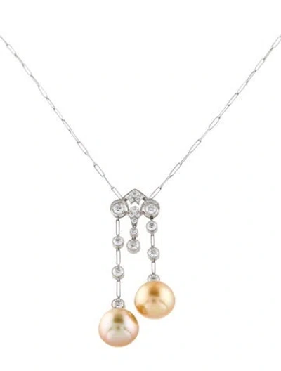 Pre-owned Tiffany & Co Platinum Pearl & Diamond Pendant Necklace, 18" In Multi