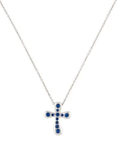 Pre-owned Tiffany & Co Platinum Sapphire Cross Pendant Necklace, 16" In Multi