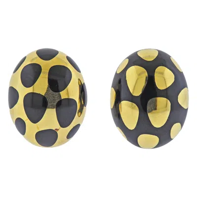 Pre-owned Tiffany & Co . Positive Negative Black Jade Inlay Gold Earrings In Green