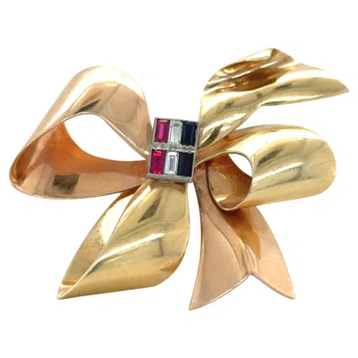 Pre-owned Tiffany & Co . Retro 14k Bicolor Gold Ruby, Diamond And Sapphire Bow Brooch In Blue