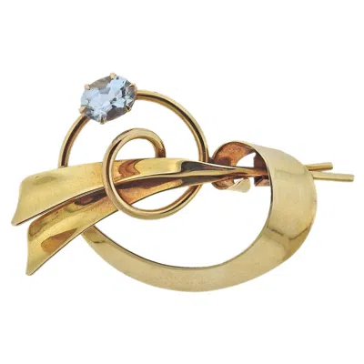Pre-owned Tiffany & Co Retro Aquamarine Gold Brooch In Multi