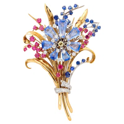 Pre-owned Tiffany & Co . Retro Diamond Sapphire Ruby 18k Gold Vintage Floral Bouquet Brooch In Blue