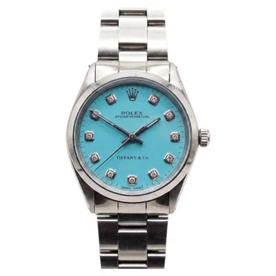Pre-owned Tiffany & Co Rolex Oyster Perpetual 34mm  Blue Dial Stainless Steel Watch Rare