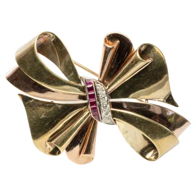 Pre-owned Tiffany & Co Ruby Diamond Brooch Bow Ribbon 14k Gold In Multi