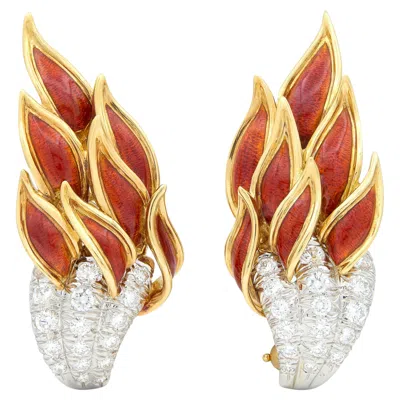 Pre-owned Tiffany & Co . Schlumberger Diamond Enamel Platinum 18k Gold Flame Earrings In Red
