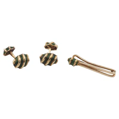 Pre-owned Tiffany & Co . Schlumberger Olive Green Enamel & 18k Gold Cufflinks And Tie Bar