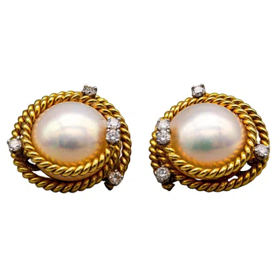 Pre-owned Tiffany & Co Schlumberger Tiffany&co. 18k & Platinum Pearl & Diamond Clip On Earrings In Multi