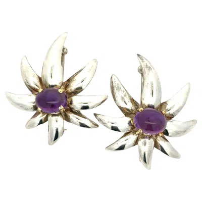 Pre-owned Tiffany & Co . Silver & Gold Cabochon Amethyst Pair Of 2 Fireworks Pin Brooch In Purple