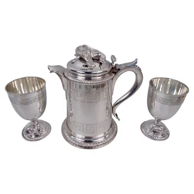 Pre-owned Tiffany & Co Tiffany Greek Revival Tankard Pitcher & Goblets With Hunt Motif In Silver