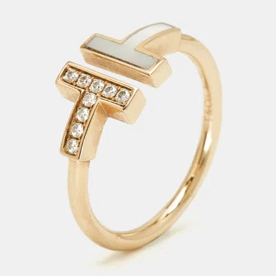 Pre-owned Tiffany & Co Tiffany T Mother Of Pearl Diamond 18k Rose Gold Ring Size 56