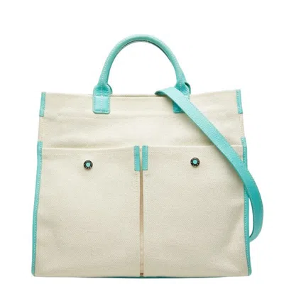 Pre-owned Tiffany & Co Tiffany Tiffany Blue White Canvas Leather Handbag Shoulder Bag () In Tiffany Blue, White