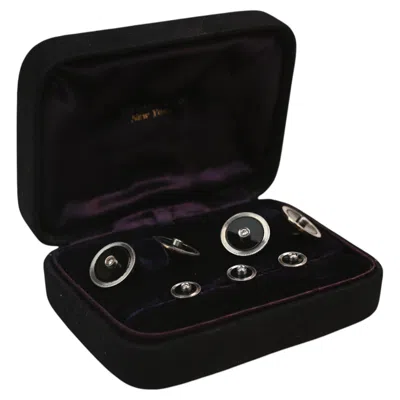 Pre-owned Tiffany & Co Tiffany Vintage Diamond Cufflinks And Studs. Round Brilliant Diamonds Onyx Halo In Black